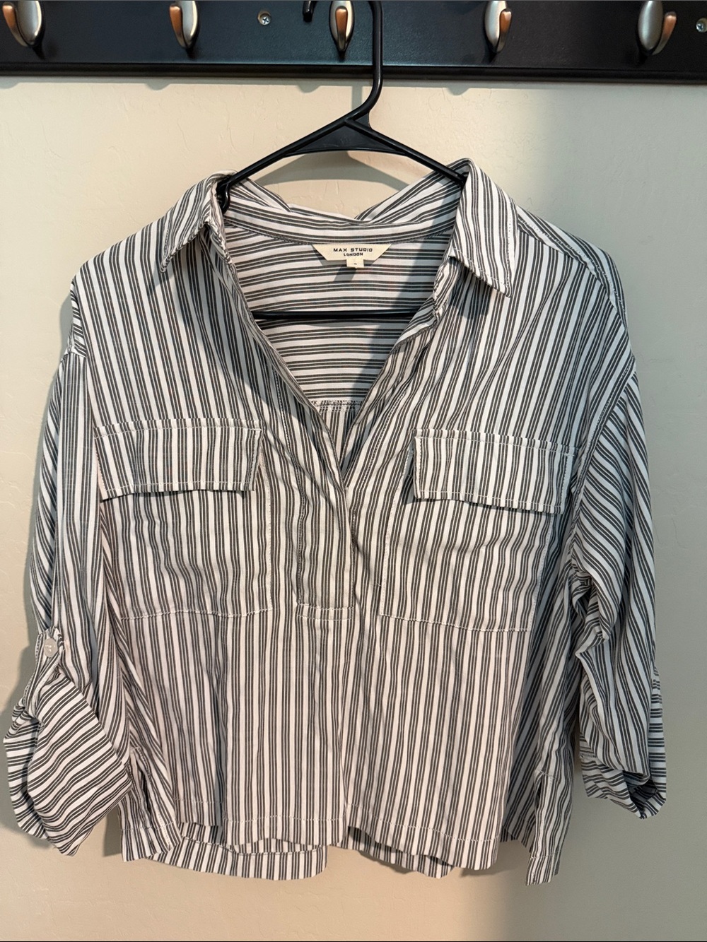 Max Studio White and Black Vertical Stripe Casual Button-Front Shirt